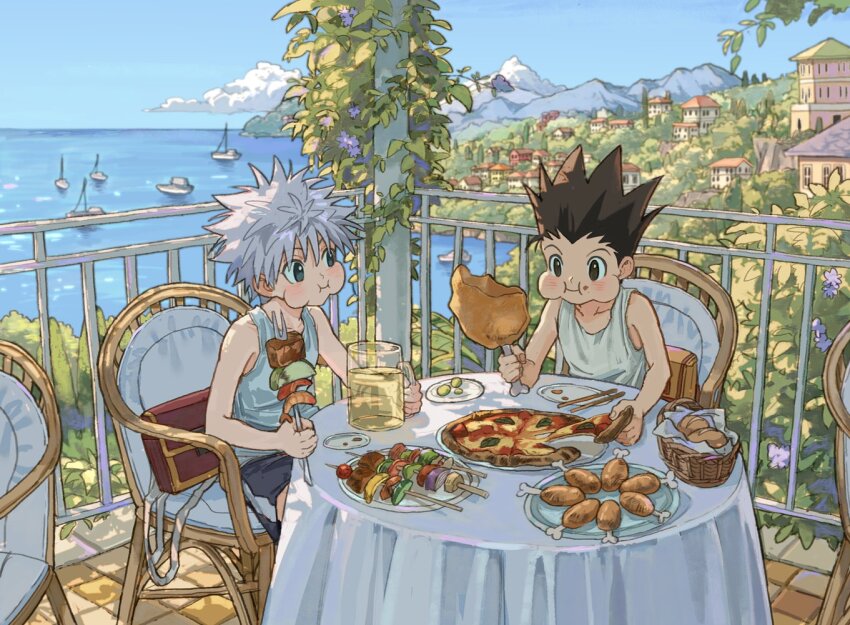 2boys bag basket black_eyes black_hair blue_sky blush boned_meat bread building bush chair cloud cup day eating flower food food_in_mouth food_on_face gon_freecss goodkids_1 grey_hair holding holding_food holding_skewer hunter_x_hunter killua_zoldyck male_focus meat multiple_boys on_chair outdoors pizza plate purple_flower shorts sitting skewer sky slice_of_life spiked_hair table tank_top tree white_tank_top