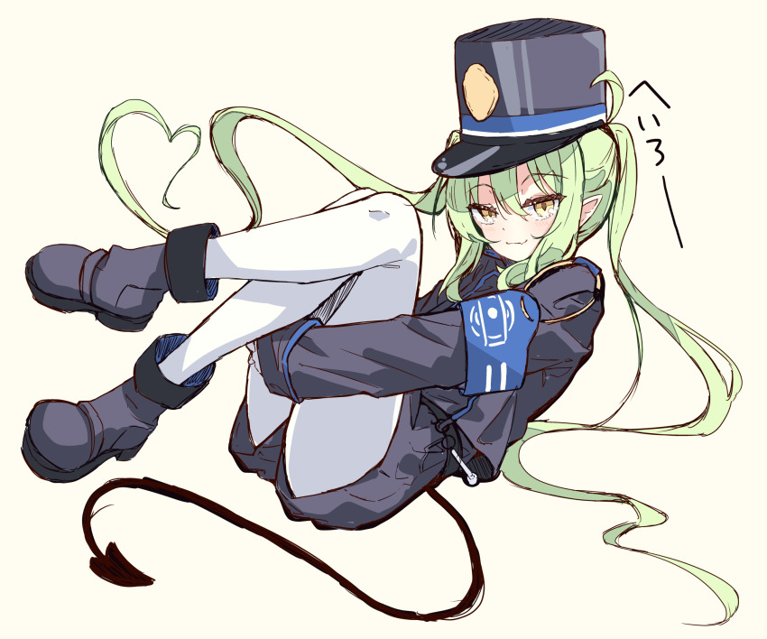 1girl :3 armband black_boots black_hat black_jacket black_shorts blue_archive blue_armband blush boots closed_mouth commentary demon_girl demon_tail fang full_body green_hair hair_between_eyes hair_spread_out hat highres hugging_own_legs jacket kanikama_acedia knees_together_feet_apart long_hair long_sleeves looking_at_viewer lying nozomi_(blue_archive) on_back pantyhose peaked_cap pointy_ears shorts sidelocks simple_background skin_fang smile smug solo tail translated twintails very_long_hair white_background white_pantyhose yellow_eyes