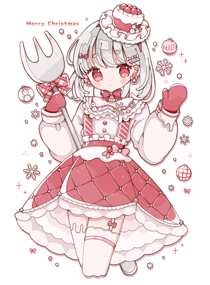 1girl absurdres blush bow bowtie closed_mouth commentary_request cropped_legs fork fur-trimmed_skirt fur_trim garter_straps grey_hair hands_up hat highres holding holding_fork long_sleeves looking_at_viewer merry_christmas mini_hat mittens nagihoko original red_bow red_bowtie red_eyes red_mittens red_skirt shirt short_hair simple_background skirt snowflakes solo suspender_skirt suspenders thighhighs white_background white_hat white_shirt white_thighhighs
