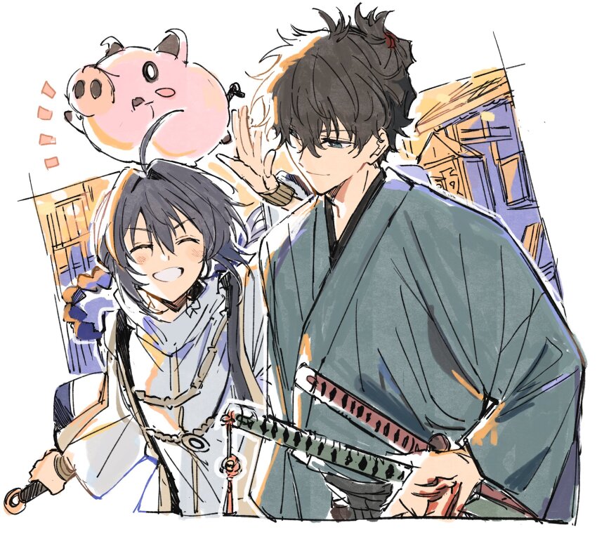 1boy 1other ahoge amulet androgynous black_hair bracelet closed_eyes command_spell fate/samurai_remnant fate_(series) green_kimono grin hair_intakes highres holding holding_sword holding_weapon jade_(gemstone) japanese_clothes jewelry katana kimono looking_at_another miyamoto_iori_(fate) necklace other_with_male pig sheath sheathed sidelocks smile sword sword_on_back topknot toramaru_(696anna) weapon weapon_on_back yamato_takeru_(fate)