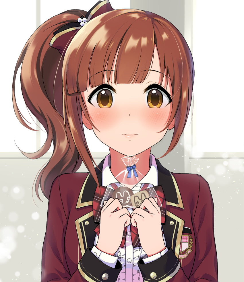 1girl blazer bow brown_hair closed_mouth commentary_request facing_viewer gift hair_bow hands_up highres holding holding_gift idolmaster idolmaster_cinderella_girls igarashi_kyoko jacket long_sleeves looking_at_viewer love_letter_(idolmaster) medium_hair natsuya_(natuya777) red_bow school_uniform side_ponytail solo upper_body valentine yellow_eyes