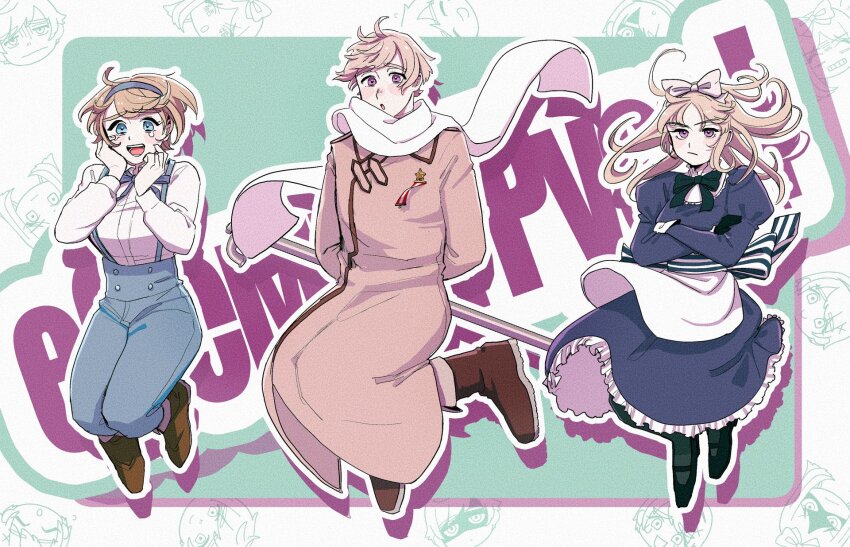1boy 2girls apron aqua_background axis_powers_hetalia back_bow belarus_(hetalia) black_bow black_bowtie black_gloves black_shoes black_socks blonde_hair blue_dress blue_eyes blue_hairband blue_pants blue_ribbon boots border bow bowtie breasts brother_and_sister brown_boots brown_coat brown_shoes buttons closed_mouth coat collared_coat collared_shirt commentary_request crossed_arms dress floating_clothes floating_hair frills full_body gloves hair_bow hairband hands_on_own_face hands_up high-waist_pants highres juliet_sleeves jumping large_breasts long_sleeves looking_afar looking_at_viewer medal multiple_girls neck_ribbon open_mouth outside_border pants pcpc_onaka puffy_long_sleeves puffy_sleeves purple_eyes ribbon russia_(hetalia) scarf shadow shirt shoes short_hair siblings sisters smile socks star_(symbol) striped_bow suspenders tearing_up teeth text_background ukraine_(hetalia) white_apron white_border white_bow white_scarf white_shirt