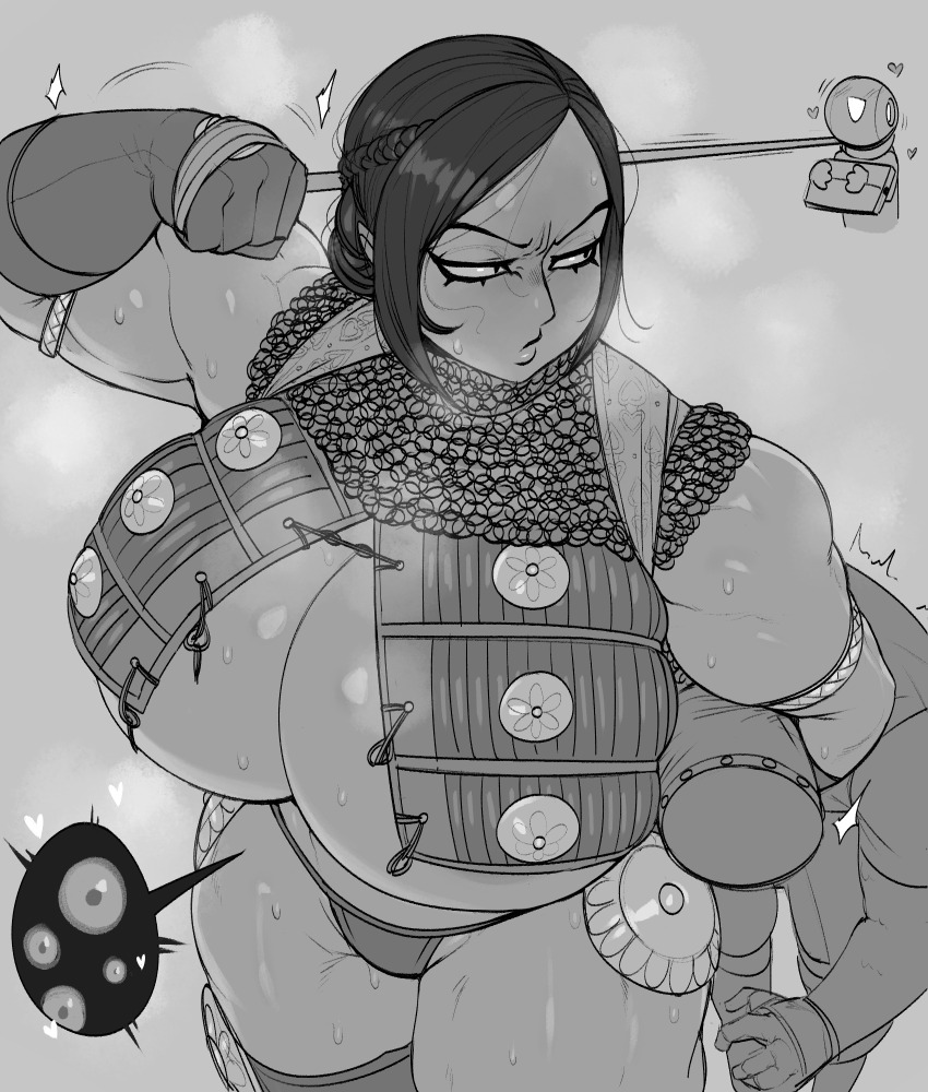 1girl armband armor bikini_armor blush braid breasts chainmail cleavage clenched_hand closed_mouth collar cowboy_shot gloves greyscale hand_up headlock heart highres holding holding_leash huge_breasts krekkball krekkov leash looking_at_another looking_back monochrome muscular muscular_female original revealing_clothes simple_background steam sweat v-shaped_eyebrows