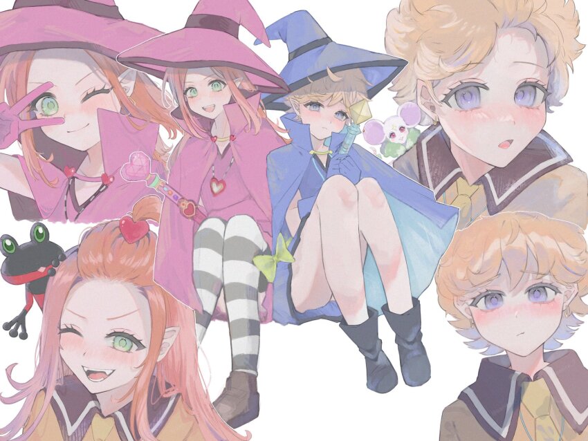 banira_7 blanca_(sugar_sugar_rune) blush boots cape chocolat_meilleure dress duke_(sugar_sugar_rune) earrings frog green_eyes hair_ornament hashtag-only_commentary hat heart heart_hair_ornament heart_pendant highres holding holding_wand jewelry long_hair looking_at_viewer mouse_(animal) multiple_views one_eye_closed open_mouth pantyhose pink_dress pink_hat pointy_ears purple_dress purple_hat school_uniform short_hair sidelocks sitting striped_clothes striped_pantyhose sugar_sugar_rune v vanilla_mieux wand witch_hat
