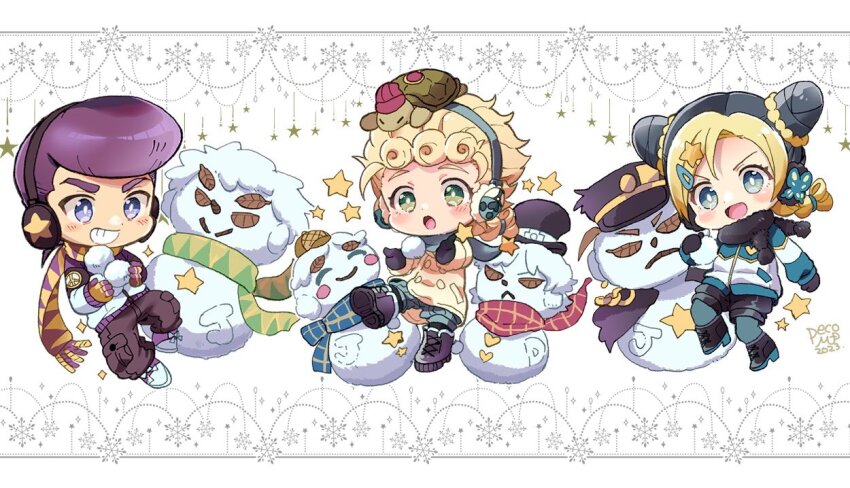 1girl 2023 2boys aged_down blonde_hair blue_eyes blush coat coco_jumbo commentary diamond_wa_kudakenai dio_brando double_bun earmuffs english_commentary giorno_giovanna green_eyes hair_bun hat higashikata_josuke jojo_no_kimyou_na_bouken jonathan_joestar joseph_joestar joseph_joestar_(young) kuujou_jolyne kuujou_joutarou long_hair long_sleeves morino_peko multiple_boys pants pompadour scarf smile snowball snowman stone_ocean turtleneck vento_aureo winter winter_clothes winter_coat