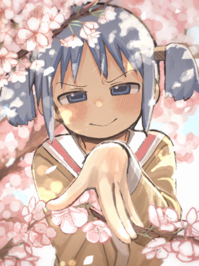 1girl :&gt; blue_eyes blue_hair blush branch cherry_blossoms cube_hair_ornament dappled_sunlight flower hair_ornament highres looking_at_viewer naganohara_mio naganoharamiomio narrowed_eyes nichijou outdoors outstretched_hand pink_flower school_uniform short_twintails sidelocks solo sunlight tokisadame_school_uniform tree twintails upper_body v-shaped_eyebrows