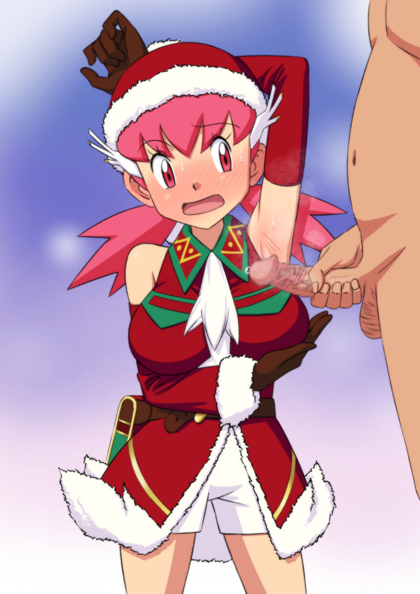 1boy 1girl absurdres arm_up armpits ascot bare_shoulders blush breasts brown_gloves censored christmas clothed_female_nude_male commentary_request cowboy_shot detached_sleeves eyelashes flustered full-face_blush fur-trimmed_jacket fur-trimmed_sleeves fur_trim gloves hat head_out_of_frame hetero highres jacket large_breasts long_hair male_masturbation masturbation miraa_(chikurin) mosaic_censoring nintendo nude official_alternate_costume open_mouth penis pink_eyes pink_hair pokemon pokemon_masters_ex precum presenting_armpit red_headwear red_jacket santa_hat shorts sleeveless sleeveless_jacket standing steam steaming_body sweat twintails white_ascot white_shorts whitney_(holiday_2022)_(pokemon) whitney_(pokemon)