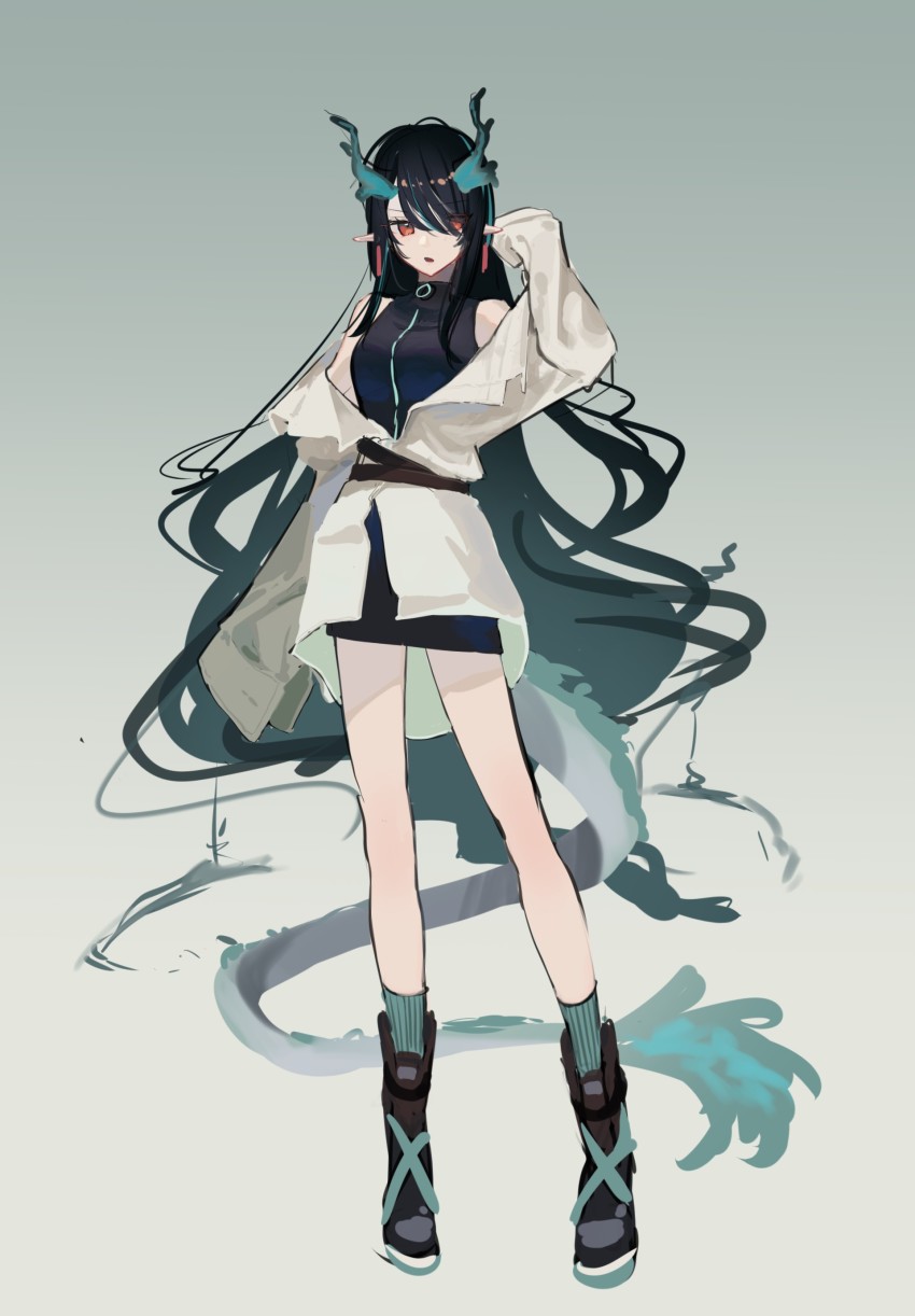 1girl absurdres arknights arm_up belt black_dress black_hair dragon_girl dragon_horns dragon_tail dress dusk_(arknights) earrings fire flame-tipped_tail full_body gradient_background green_background green_hair green_horns green_socks hair_over_one_eye highres horns jewelry long_hair long_sleeves looking_at_viewer multicolored_hair natsuba002 off_shoulder open_mouth orange_eyes pointy_ears shirt shoes sleeveless sleeveless_dress socks solo streaked_hair swept_bangs tail tassel tassel_earrings white_background