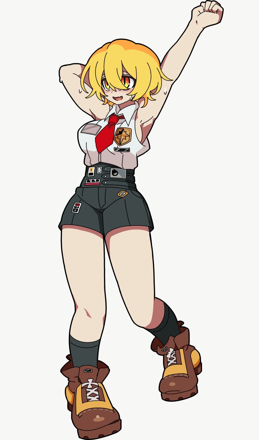1girl absurdres armpits black_shorts black_socks blonde_hair blush boots breasts brooch brown_boots don_quixote_(project_moon) full_body hair_between_eyes highres jewelry kekeken large_breasts limbus_company necktie open_mouth project_moon red_necktie shirt short_hair shorts sidelocks simple_background sleeveless sleeveless_shirt smile socks solo sweat white_background yellow_eyes