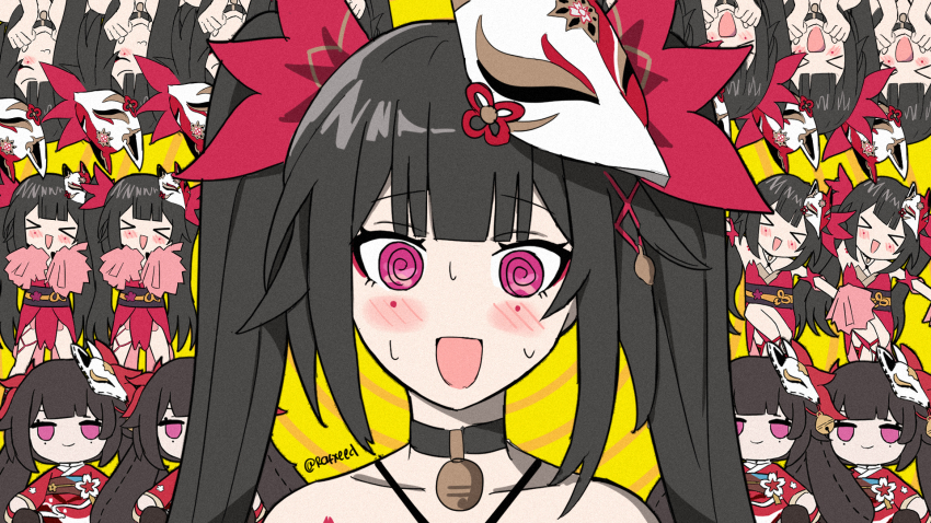 1girl bare_shoulders bell black_choker brown_hair choker detached_sleeves dress fox_mask gloves halterneck highres honkai:_star_rail honkai_(series) long_hair looking_at_viewer mask mask_on_head neck_bell open_mouth parody pink_eyes rafxeed red_dress shirt smile solo sparkle_(honkai:_star_rail) telepathy_(vocaloid) twintails