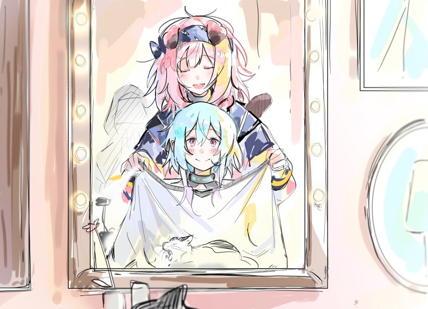 1boy 1girl 1other :&gt; absurdres animal animal_ears animal_on_lap arknights barber_chair black_hairband black_hood blue_coat blue_hair cat cat_ears cat_girl cat_tail closed_eyes closed_mouth coat doctor_(arknights) goldenglow_(arknights) hairband highres hood hood_up indoors infection_monitor_(arknights) light_blue_hair lightning_bolt_print long_sleeves looking_at_viewer messy_hair mirror mizuki_(arknights) on_lap open_mouth picture_frame pink_hair reflection short_hair tail upper_body wed_(lim38869577) yawning