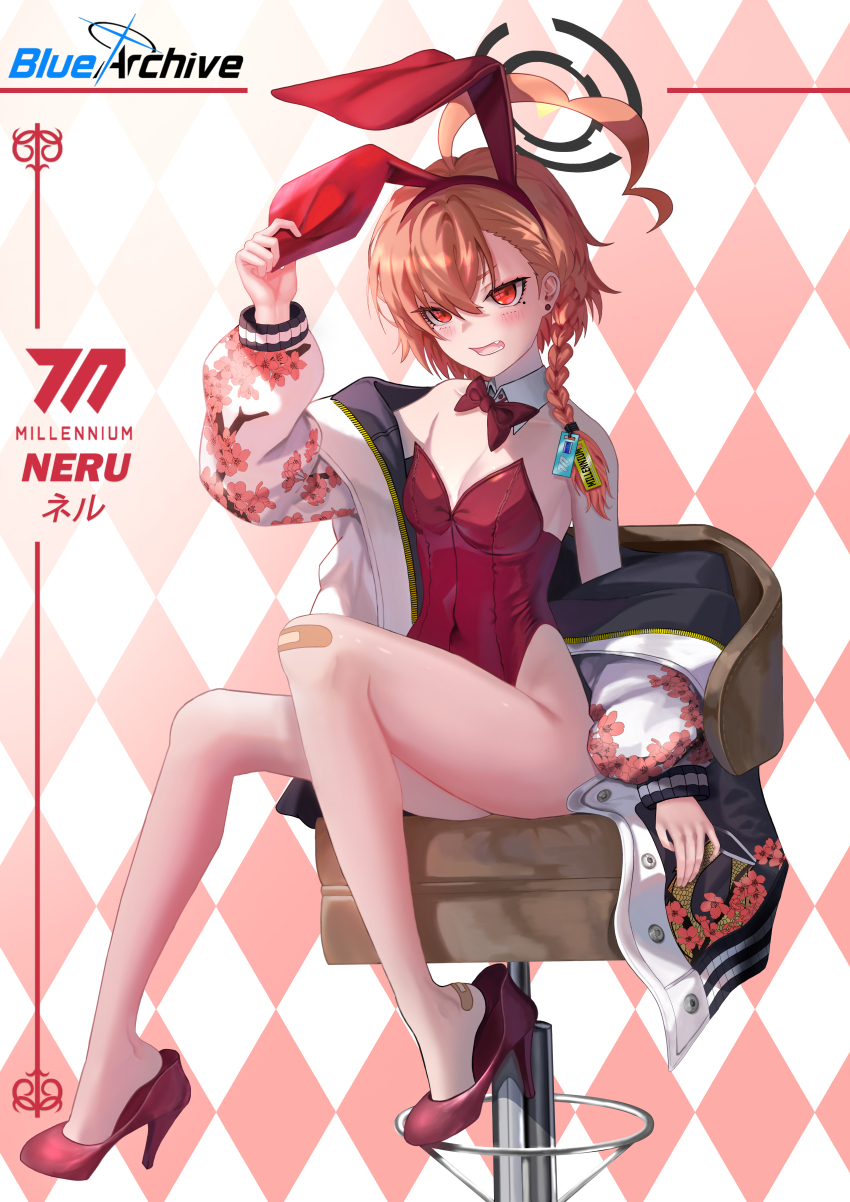 1girl absurdres ahoge animal_ears asymmetrical_bangs bandaid bandaid_on_foot bandaid_on_knee bandaid_on_leg bare_legs blue_archive bow bowtie braid cafeiner chair character_name checkered_background copyright_name detached_collar fake_animal_ears halo highres huge_ahoge jacket leotard logo mole mole_under_eye neru_(blue_archive) neru_(bunny)_(blue_archive) orange_hair oversized_breast_cup playboy_bunny print_jacket rabbit_ears red_bow red_bowtie red_eyes red_leotard single_braid sitting solo strapless strapless_leotard sukajan tag traditional_bowtie