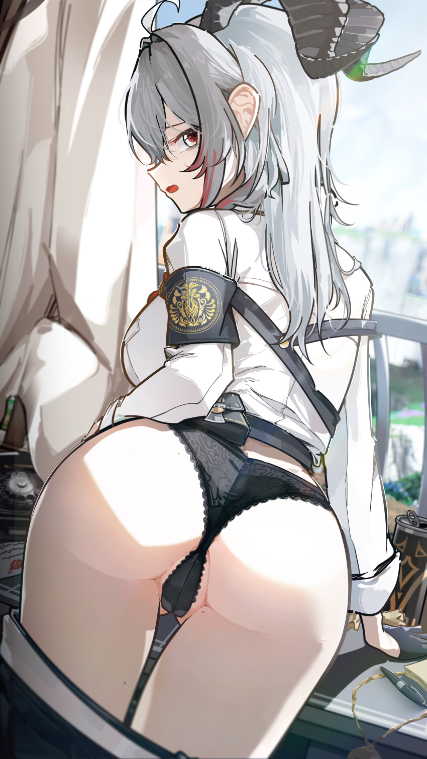 1girl absurdres ahoge anus anus_peek armband ass black_armband black_horns black_panties black_pants breasts can clothes_pull commentary cowboy_shot curled_horns drink_can english_commentary from_behind grey_hair highres horns indoors lace lace-trimmed_panties lace_trim large_breasts long_hair looking_at_viewer looking_back multicolored_hair open_mouth panties pants pants_pull partially_visible_vulva pen red_eyes revision ryeon_(naturesan) shirt solo streaked_hair underwear white_shirt wuthering_waves zani_(wuthering_waves)