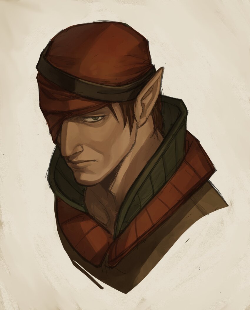 1boy absurdres brown_bandana brown_hair elf green_eyes highres iorveth looking_at_viewer one_eye_covered pointy_ears portrait short_hair solo the_witcher_(series) the_witcher_2 vetamora