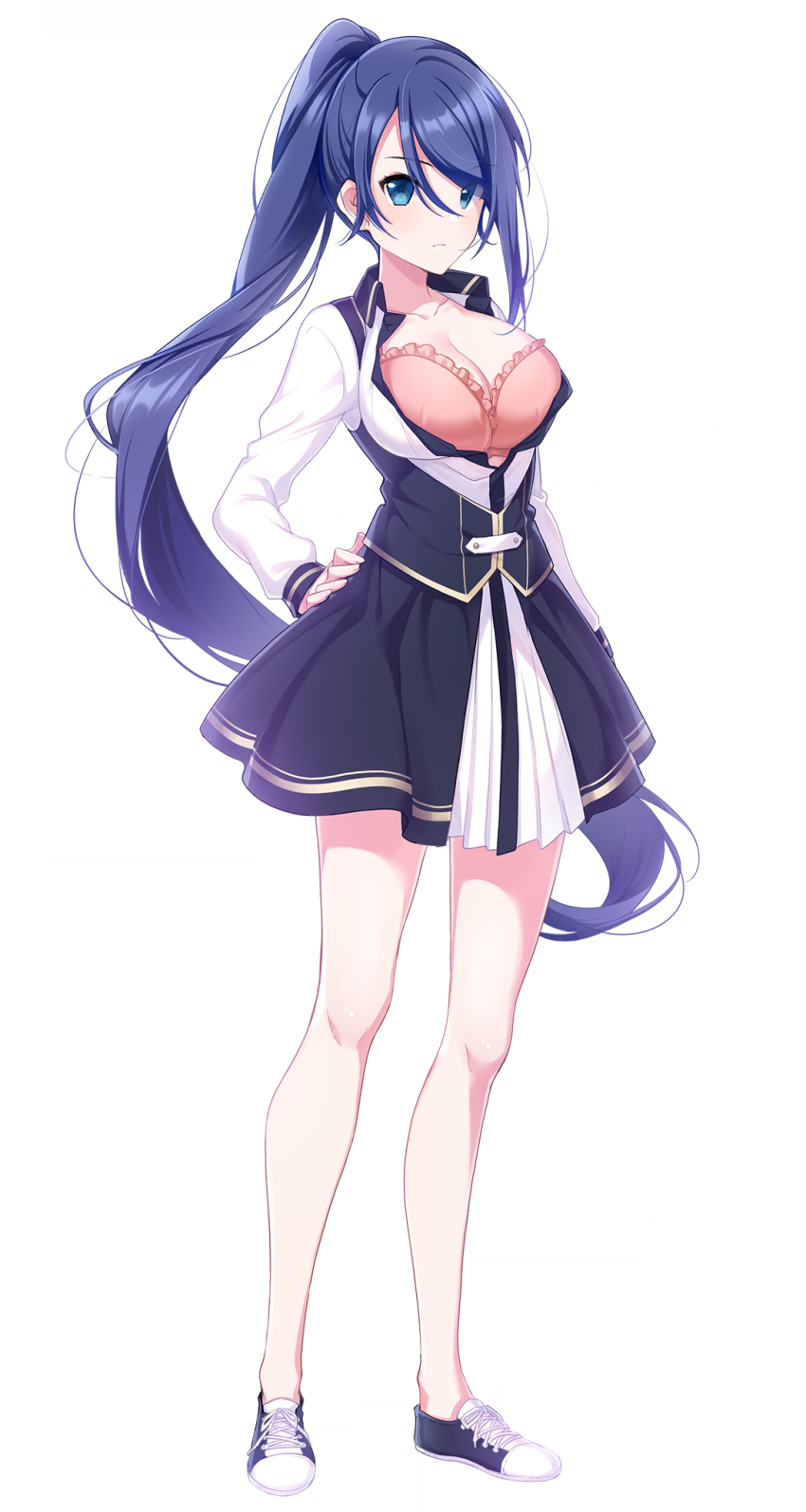 1girl aiba_mio blue_eyes blue_hair bra bra_peek breasts cleavage full_body highres large_breasts long_hair long_sleeves omega_labyrinth_life orange_bra ponytail school_uniform shoes simple_background sneakers u35 underwear very_long_hair white_background