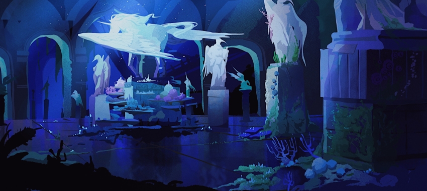 algae arch chinese_commentary commentary_request dappled_sunlight highres indoors light_particles no_humans original overgrown pegasus ruins scenery statue sunlight tile_floor tiles underwater xigumaomao