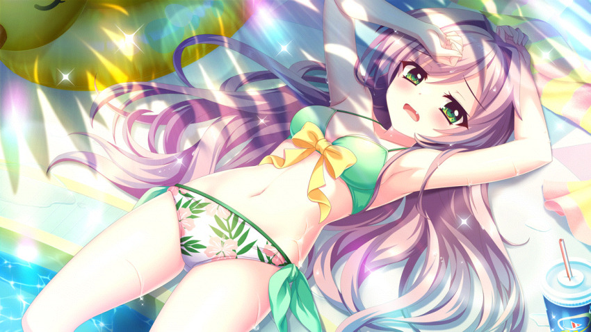 1girl armpits arms_up bikini blush bow bow_bikini breasts cleavage cup disposable_cup drinking_straw duck_innertube exhausted fang film_grain floral_print from_above game_cg green_hair hair_down izumi_tsubasu lens_flare long_hair looking_at_viewer lying misaki_sango mismatched_bikini navel non-web_source official_art on_back poolside print_bikini purple_hair re:stage! small_breasts solo sparkle swimsuit very_long_hair wet white_bikini yellow_bow