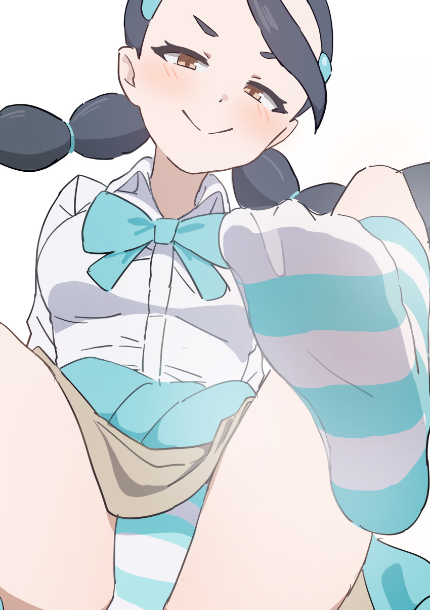 1girl absurdres aqua_bow aqua_bowtie aqua_sweater black_hair bow bowtie breasts brown_eyes candice_(pokemon) closed_mouth clothes_around_waist collared_shirt commentary_request highres kumacy_0 long_hair looking_down multi-tied_hair nintendo panties pokemon pokemon_dppt presenting_foot shirt simple_background skirt smile socks solo split_mouth spread_toes striped_clothes striped_panties striped_socks sweater sweater_around_waist toes underwear white_background white_shirt