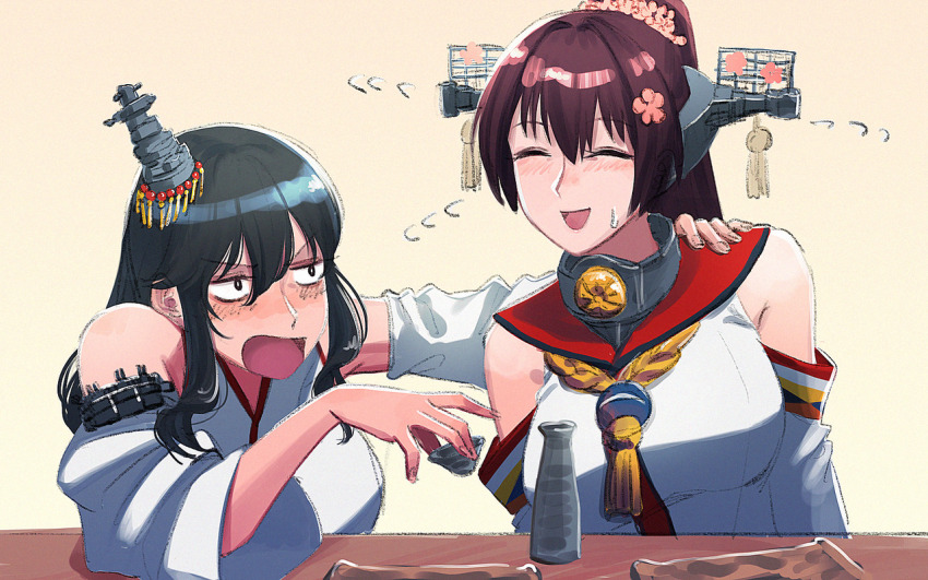 2girls black_hair blush breasts brown_hair choko_(cup) closed_eyes cup detached_sleeves flower flying_sweatdrops hair_flower hair_ornament hand_on_another&#039;s_shoulder headgear holding holding_cup japanese_clothes kantai_collection large_breasts long_hair multiple_girls open_mouth pink_flower ponytail sweat table tokkuri wide_sleeves yamashiro_(kancolle) yamato_(kancolle) yellow_background yue_(tada_no_saboten)