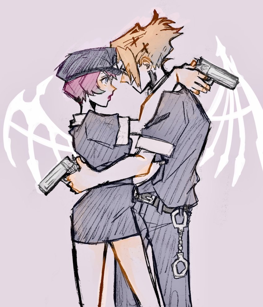 1boy 1girl arms_around_neck belt blue_eyes collared_shirt cuffs eyes_visible_through_hair glasses gun halloween_costume handcuffs handgun hat hetero highres holding holding_gun holding_weapon hug kariya_koki legs miniskirt orange_hair pink_hair police police_hat police_uniform policeman policewoman rectangular_eyewear satiko0222 shirt short_hair short_sleeves skirt smile spiked_wings subarashiki_kono_sekai weapon white_wings wings yashiro_uzuki