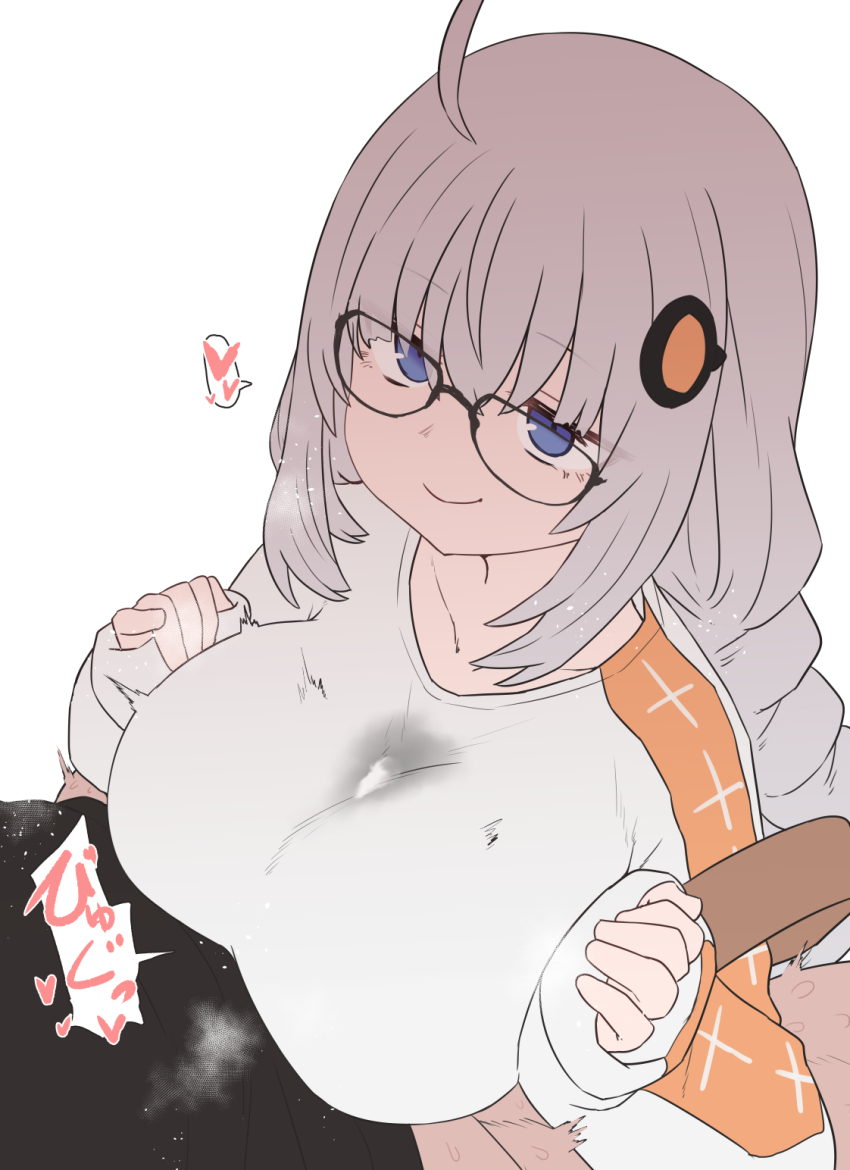 1boy 1girl a.i._voice ahoge black-framed_eyewear blue_eyes braid breasts closed_mouth cum cum_on_clothes glasses grey_hair heart highres kizuna_akari kizuna_akari_(a.i._voice) large_breasts long_hair long_sleeves paizuri paizuri_under_clothes simple_background smile spoken_heart sumiyao_(amam) voiceroid white_background