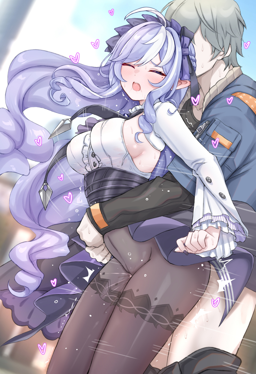 1boy 1girl absurdres ahoge black_pantyhose black_shirt blue_jacket blue_sky blush bow breasts center_frills closed_eyes clothed_sex commentary couple daram_(shappydude) day denim denim_jacket dress frills grey_hair hair_bow heart hetero high-waist_skirt highres hug hug_from_behind jacket large_breasts large_variant_set long_sleeves mole mole_under_eye multicolored_hair open_mouth outdoors pantyhose patterned_legwear pointy_ears purple_bow purple_eyes purple_hair purple_skirt revision sex sex_from_behind shirt short_hair showgirl_skirt sideboob skirt sky streaked_hair teeth two-tone_hair underbust upper_teeth_only variant_set vivian_(zenless_zone_zero) white_hair white_shirt wise_(zenless_zone_zero) zenless_zone_zero