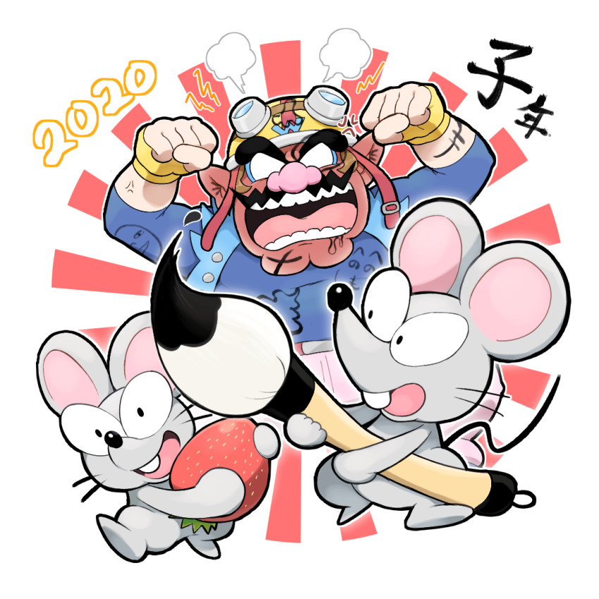 1boy angry blank_eyes blue_shirt calligraphy_brush cleft_chin clenched_hands facial_hair fingerless_gloves food fruit gloves goggles goggles_on_headwear helmet hoshi_(star-name2000) motorcycle_helmet mouse_(animal) mustache nintendo open_mouth paintbrush pointy_ears shirt strawberry wario warioware yellow_gloves