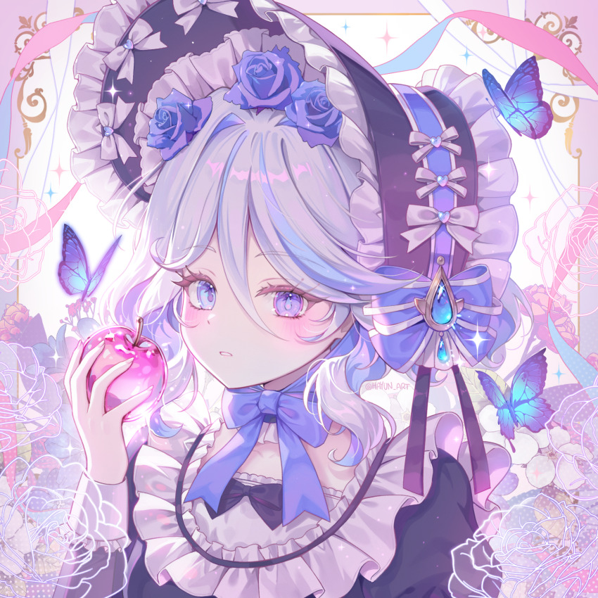1girl apple black_bow blue_bow blue_butterfly blue_eyes blue_flower blue_gemstone blue_hair blue_pupils blush bonnet bow bug butterfly chin_strap commentary drop-shaped_pupils flower food frilled_bonnet frills fruit furina_(genshin_impact) gem genshin_impact hair_between_eyes hair_flower hair_ornament hand_up hayun heterochromia highres holding holding_food holding_fruit insect long_sleeves looking_at_viewer medium_hair multicolored_hair parted_lips solo streaked_hair symbol-shaped_pupils teardrop-shaped_gem twitter_username upper_body white_flower white_hair