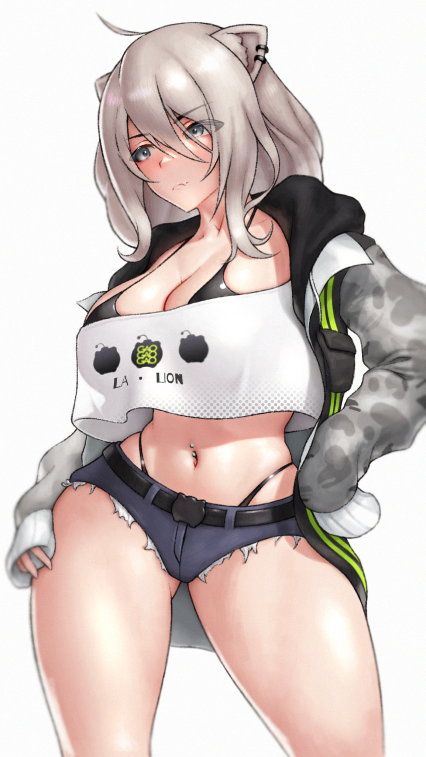 1girl adapted_costume ahoge animal_ear_piercing animal_ears averting_eyes black_bra black_jacket black_panties black_shorts bra bra_peek breasts camouflage camouflage_jacket cleavage commentary contrapposto crop_top crop_top_overhang cropped_shirt curvy english_commentary fang fang_out gluteal_fold grey_background grey_eyes grey_hair grey_jacket hair_between_eyes hand_on_own_hip hand_on_own_thigh highres hololive jacket large_breasts lion_ears long_hair long_hair_between_eyes long_sidelocks looking_to_the_side loose_clothes loose_shirt messy_hair micro_shorts midriff narrow_waist navel navel_piercing official_alternate_costume official_alternate_hairstyle open_clothes open_jacket panties panty_straps piercing see-through_cleavage see-through_clothes shirt shishiro_botan shishiro_botan_(casual) shorts sidelocks simple_background skin_fang skindentation skylock solo stomach thick_thighs thighs thong torn_clothes torn_shorts two-sided_fabric two-sided_jacket underwear virtual_youtuber white_shirt wide_hips