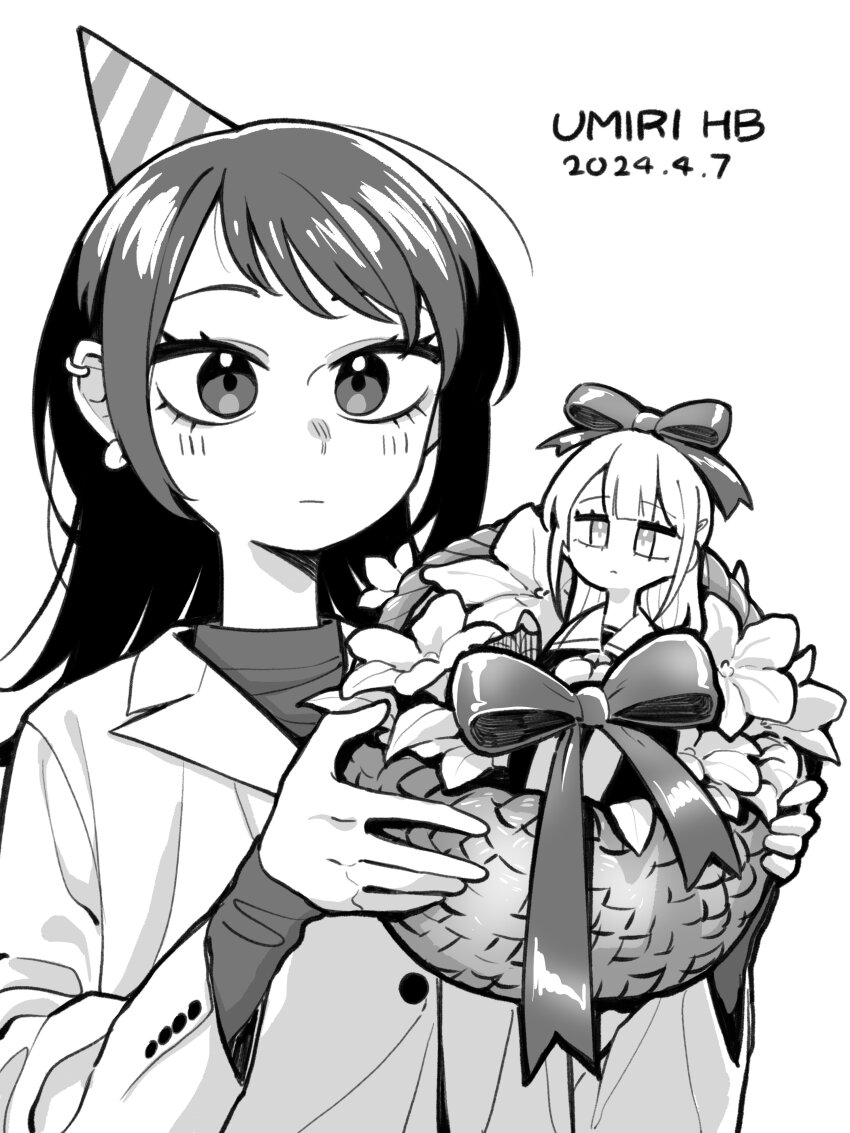 2girls absurdres bang_dream! bang_dream!_it&#039;s_mygo!!!!! basket blush bow closed_mouth commentary dated ear_piercing earrings greyscale hair_bow hair_ornament hairclip happy_birthday hat highres jacket jewelry long_hair long_sleeves looking_at_viewer medium_hair mini_person monochrome multiple_girls neonfloyd party_hat piercing school_uniform serafuku tsukinomori_school_uniform upper_body wakaba_mutsumi yahata_umiri