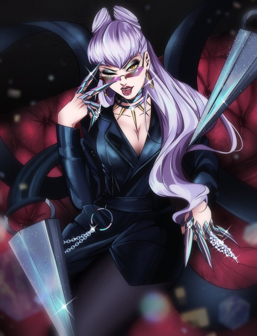 1girl black_suit breasts center_opening cleavage demon_girl evelynn_(league_of_legends) formal_clothes glasses gwinshin highres jewelry k/da_(league_of_legends) k/da_all_out_evelynn large_breasts league_of_legends long_hair looking_at_viewer necklace pantyhose solo suit the_baddest_evelynn