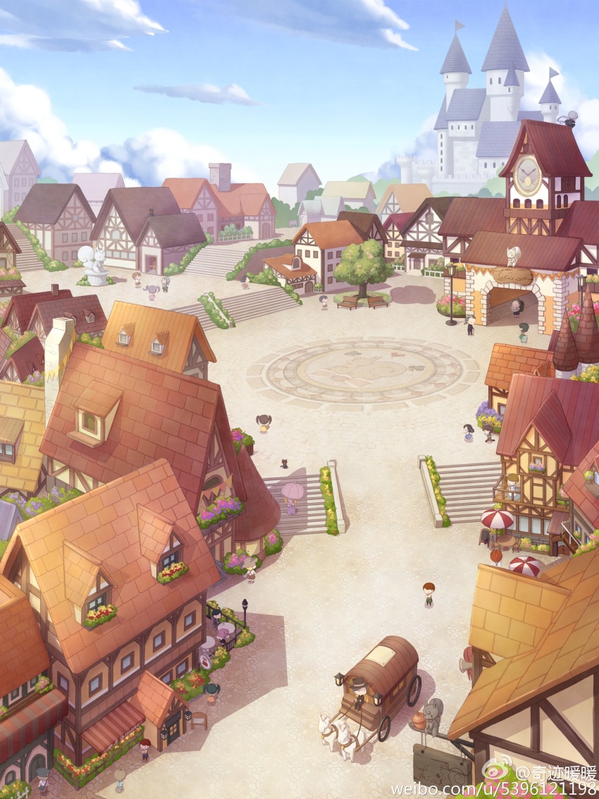 absurdres arch artist_request blue_sky carriage castle chinese_commentary cloud commentary_request day highres horse house lampopo miracle_nikki nikki_(series) official_art outdoors people scenery second-party_source shadow sky squirrel town tree umbrella watermark weibo_watermark