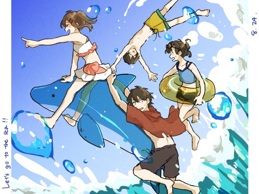 2boys 2girls ^_^ alternate_costume animal bare_arms bare_legs bikini black-framed_eyewear black_eyes black_hair black_shorts blue_sky breasts brown_hair bubble closed_eyes commentary dated day dolphin double-parted_bangs english_text enomoto_takane eyewear_on_head facing_ahead facing_viewer frilled_bikini frills from_side full_body hair_ornament hairclip hood hood_down index_finger_raised innertube jumping kagerou_project kisaragi_shintarou kokonose_haruka letterboxed midair mokemoke_chan multicolored_bikini multiple_boys multiple_girls navel no_scarf ocean open_mouth outdoors pillarboxed pink_bikini pointing pointing_forward red_shirt riding round_eyewear shirt short_hair short_shorts short_sleeves shorts skirt sky small_breasts smile splashing stomach sunglasses sweat swim_ring swimsuit tateyama_ayano topless_male twintails two-tone_bikini water white_bikini white_skirt yellow_innertube yellow_shorts