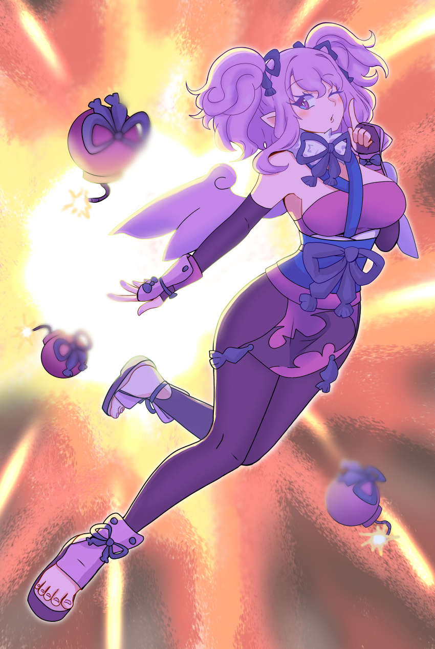 1girl absurdres arm_guards bomb bow breasts ceefore_(disgaea) disgaea elbow_gloves explosive fallen_angel fingerless_gloves gloves hair_bow highres japanese_clothes makai_senki_disgaea_7 ninja obi one_eye_closed pointy_ears purple_eyes purple_hair purple_wings red_seiryu sash solo twintails wings