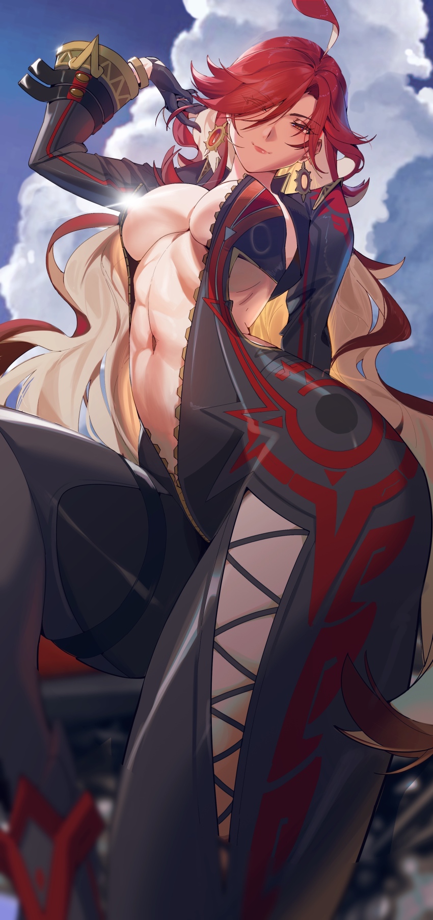 1girl abs absurdres areola_slip biker_clothes bikesuit black_bodysuit black_gloves black_jacket blue_sky bodysuit breasts closed_mouth cloudy_rain4 colored_inner_hair crotch_zipper earrings from_below genshin_impact gloves hair_over_one_eye highres jacket knee_up large_breasts light_censor long_hair mavuika_(genshin_impact) multicolored_hair navel orange_pupils partially_unzipped red_eyes red_hair sky smile solo stomach strapless_bodysuit sun_earrings symbol_in_eye very_long_hair
