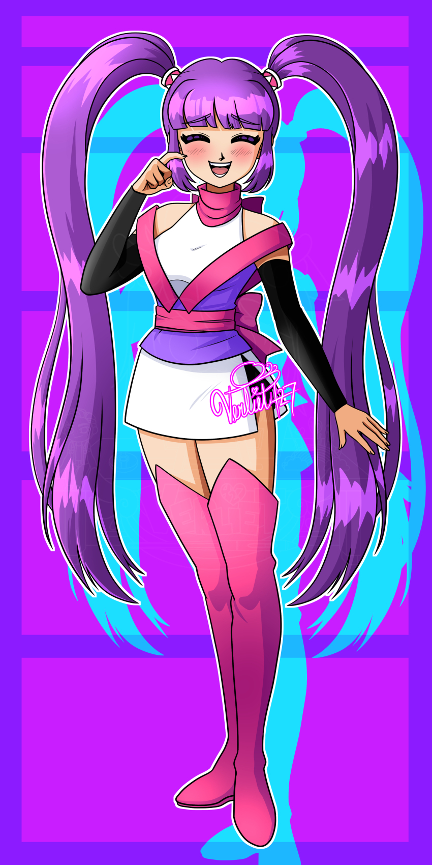 1girl absurdres alternate_costume artist_name blush boots bow breasts closed_eyes commission commissioner_upload detached_sleeves embarrassed full_body highres long_hair non-web_source obi open_mouth purple_hair sash scarf shadow signature simple_background small_breasts smile solo sophie_(tales) tales_of_(series) tales_of_graces thigh_boots twintails verliet427 very_long_hair
