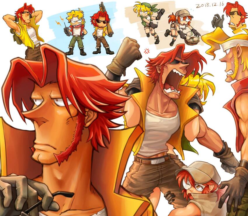 2018 2boys 2girls abs anger_vein angry bandana basket belt biceps blonde_hair boots chibi collarbone fangs fio_germi food glasses gloves gun har hat highres kasamoto_eri leg_grab marco_rossi metal_slug multiple_boys multiple_girls muscular muscular_male navel nervous one_eye_closed open_mouth orange_hair sandwich sasisage serious shotgun sunglasses sweatdrop tarma_roving vest walkie-talkie weapon