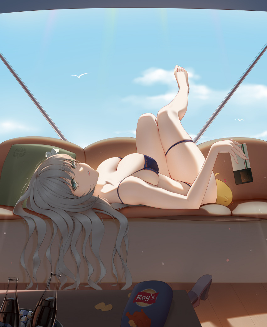 1girl absurdres azur_lane barefoot bikini brand_name_imitation breasts cellphone chips_(food) cleavage collarbone couch food glass grey_eyes grey_hair hair_spread_out highres icycore large_breasts lay&#039;s_(potato_chips) legs_up long_hair looking_at_viewer lying on_back phone skindentation sky smartphone solo swimsuit thigh_strap upside-down vittorio_veneto_(azur_lane) vittorio_veneto_(the_flower_of_la_spezia)_(azur_lane)