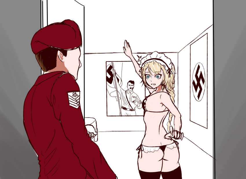 1boy 1girl absurdres adolf_hitler aloe_(sos961111) bikini blonde_hair blue_eyes braid commander_(girls&#039;_frontline) g36_(girls&#039;_frontline) girls&#039;_frontline highres indoors long_hair maid maid_bikini maid_headdress nazi salute surprised swastika swimsuit thighhighs unconventional_maid walk-in