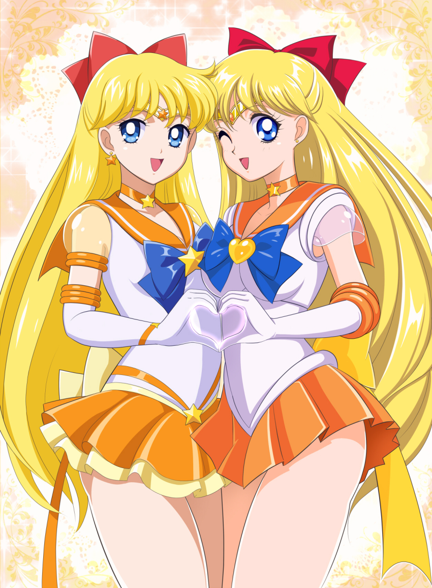 aino_minako back_bow bishoujo_senshi_sailor_moon bishoujo_senshi_sailor_moon_crystal bishoujo_senshi_sailor_moon_stars blonde_hair blue_bow blue_bowtie blue_eyes bow bowtie choker collar dual_persona elbow_gloves gloves hair_bow heart heart_hands heart_hands_duo highres leotard long_hair orange_choker orange_collar orange_sailor_collar orange_skirt pirochi pleated_skirt red_bow sailor_collar sailor_senshi_uniform sailor_venus short_sleeves skirt super_sailor_venus super_sailor_venus_(stars) white_gloves white_leotard yellow_bow