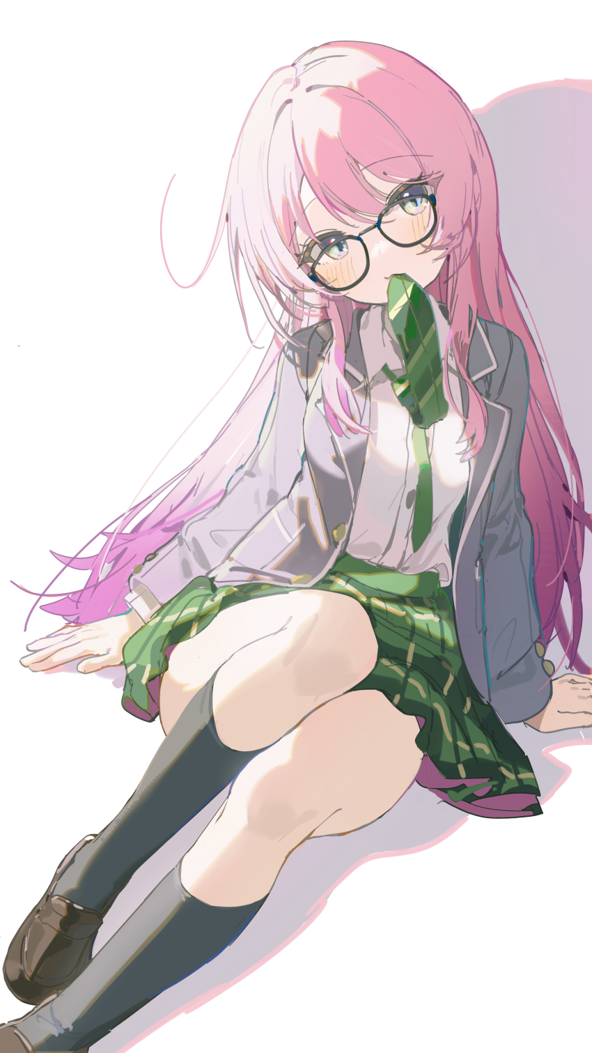 1girl absurdres bang_dream! bang_dream!_it&#039;s_mygo!!!!! black_socks brown_shoes chihaya_anon coria glasses green_necktie grey_jacket highres jacket kneehighs loafers long_hair long_sleeves looking_at_viewer mouth_hold necktie open_clothes open_jacket pink_hair school_uniform shadow shirt shoes simple_background sitting socks solo white_background white_shirt