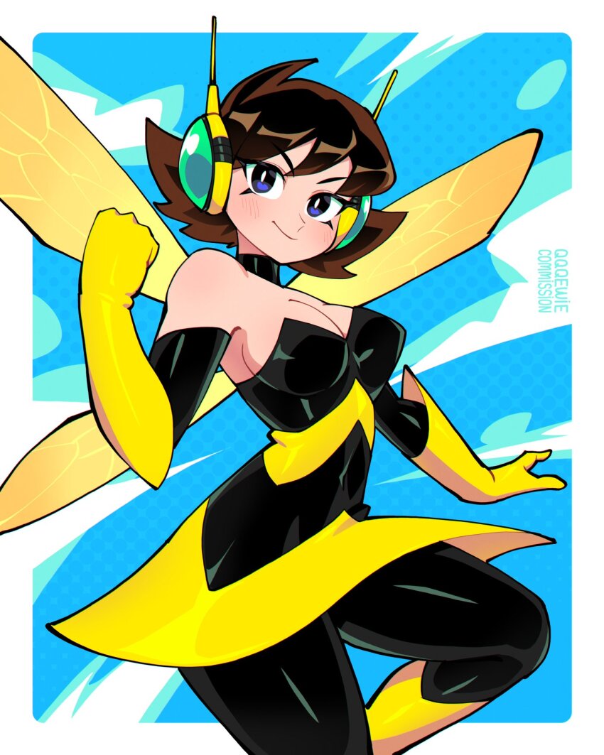 1girl 333_(dqqqdle) avengers_(series) blue_eyes breasts brown_hair cleavage gloves highres insect_wings janet_van_dyne looking_at_viewer marvel medium_breasts short_hair smile solo superhero_costume the_avengers:_earth&#039;s_mightiest_heroes! thighs wasp_(marvel) wings
