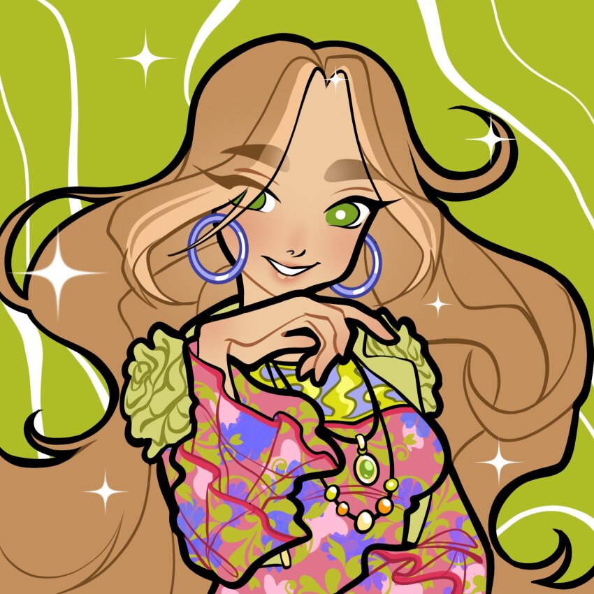 1girl bird bright_pupils brown_hair collared_vest commentary dark-skinned_female dark_skin earrings eyelashes eyes_visible_through_hair flora_(winx_club) floral_print frilled_vest frills green_background green_eyes green_vest hand_on_own_chin highres hoop_earrings jewelry lapels lipstick long_hair long_sleeves makeup multicolored_hair necklace notched_lapels open_clothes open_vest parrot pendant pink_lips pink_shirt shirt smile solo sparkle streaked_hair teeth thick_eyebrows upper_body very_long_hair vest wavy_hair white_pupils wikate winx_club
