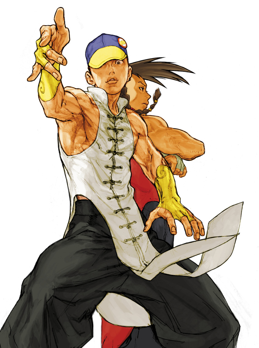 2boys back-to-back baggy_pants bare_shoulders baseball_cap black_hair braid bridal_gauntlets brothers capcom capcom_vs_snk capcom_vs_snk_2 chinese_clothes crossed_arms game_cg hat highres long_hair male_focus multicolored_hat multiple_boys muscular nishimura_kinu non-web_source official_art pants parted_lips pointing pointing_at_viewer portrait siblings single_braid skateboard sleeveless street_fighter twins white_background yang_lee yun_lee