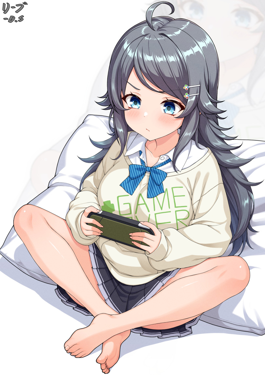 1girl absurdres barefoot black_hair blue_eyes blush darkswan feet hair_ornament hairclip handheld_game_console highres inohara_koboshi long_hair ongeki playing_games soles toes