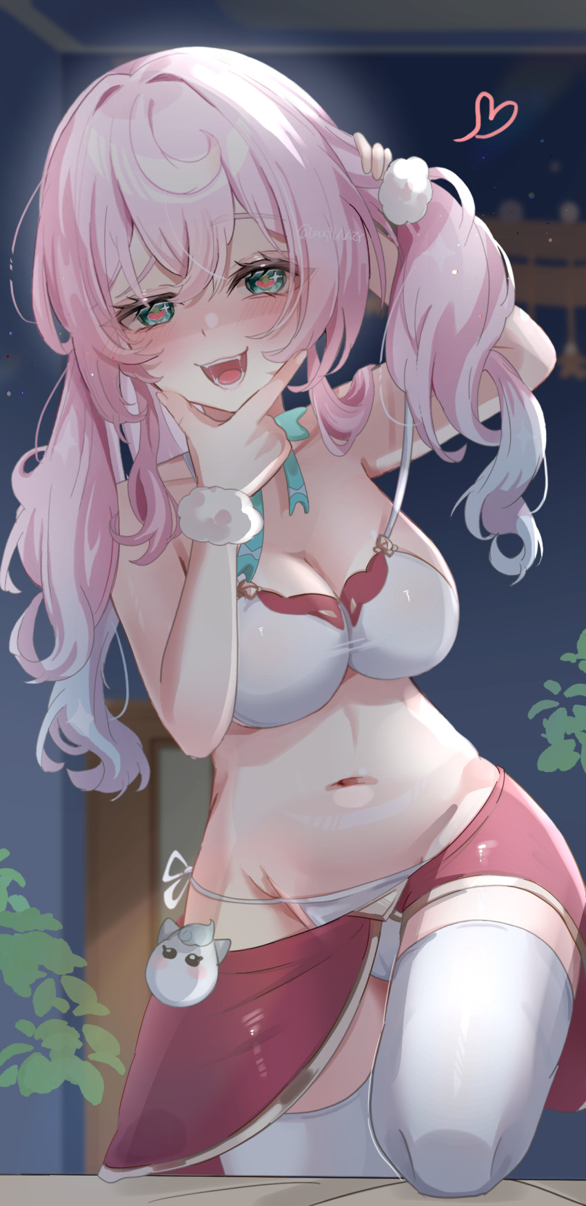 1girl absurdres alternate_breast_size aqua_eyes bra breasts chuuna_(unagiunazy) cleavage commentary_request heart heart-shaped_pupils highres honkai:_star_rail honkai_(series) hyacine_(honkai:_star_rail) indoors large_breasts long_hair looking_at_viewer navel open_mouth paid_reward_available panties pink_hair red_skirt skirt solo stomach symbol-shaped_pupils thighhighs twintails underwear white_bra white_panties white_thighhighs