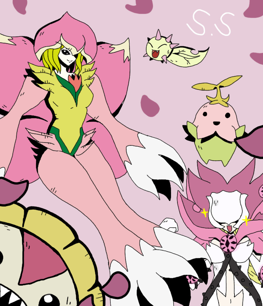 4girls budmon cape covered_eyes digimon digimon_(creature) digimon_savers fairy flower highres lalamon leaf lilamon mask monster_girl multiple_girls open_mouth petals plant plant_girl rosemon rosemon_burst_mode sunflower sunflowmon tail
