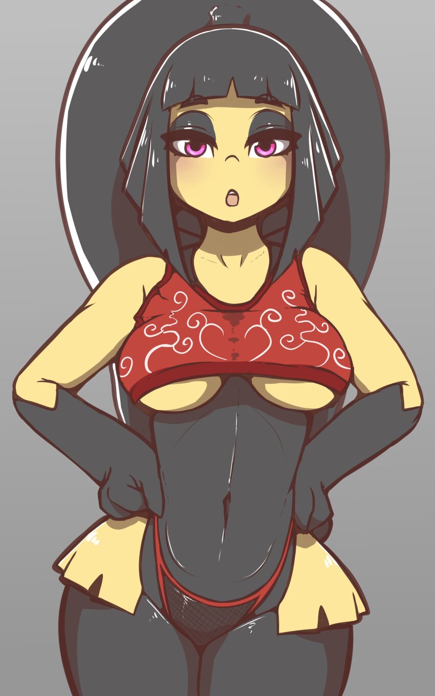 1girl absurdres bare_shoulders bikini black_eyeshadow black_skin blush breasts colored_skin cowboy_shot eyebrows_hidden_by_hair eyelashes eyeshadow female_focus gen_3_pokemon grey_background hands_on_own_hips highres humanization long_hair looking_at_viewer makeup mawile medium_breasts midriff monster_girl multicolored_skin navel nintendo open_mouth pink_eyes pokemon pokemon_(creature) ponytail quin_nsfw red_bikini serious simple_background solo standing swimsuit teeth two-tone_skin upper_teeth_only wide_hips yellow_skin