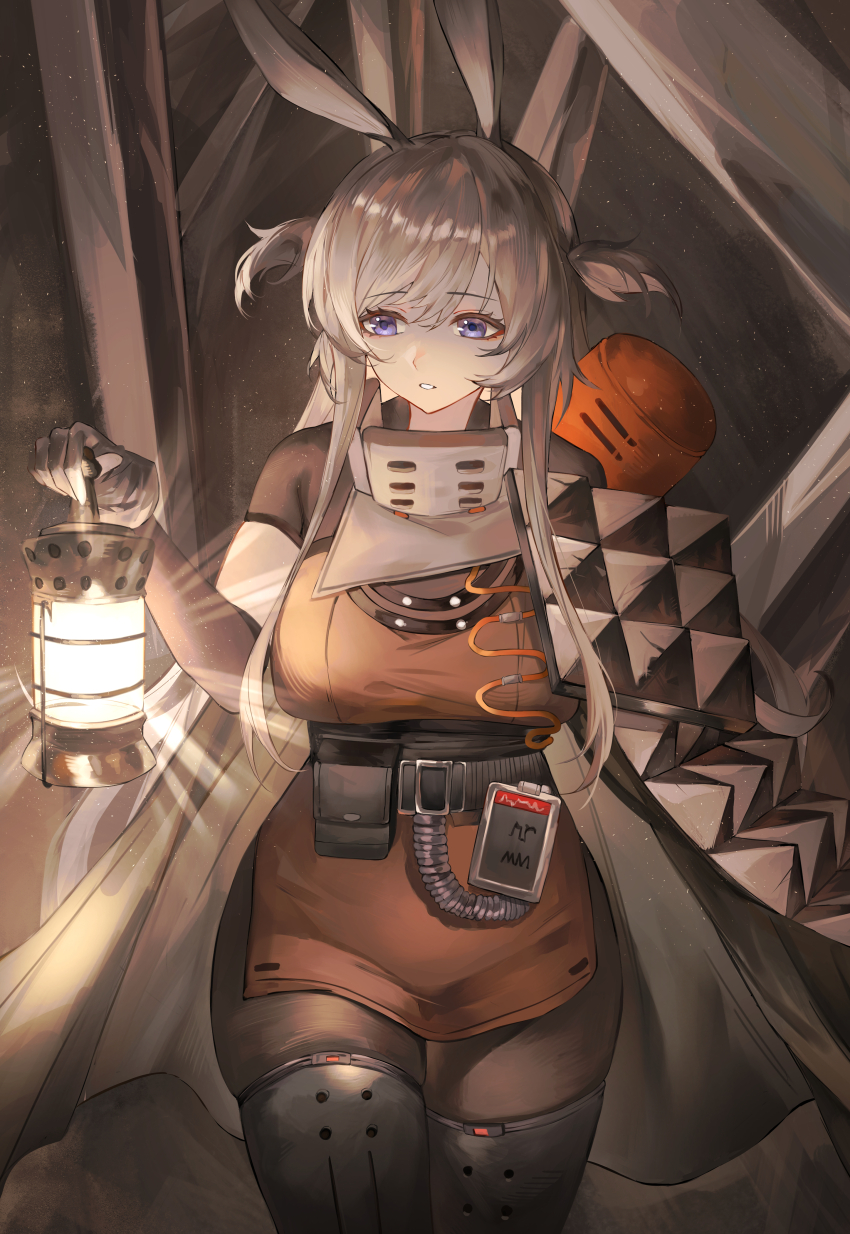1girl absurdres animal_ears arknights belt black_belt black_boots black_cape black_pantyhose black_sleeves boots brown_dress cape commentary_request cowboy_shot crystal detached_sleeves dress gloves grey_hair hair_between_eyes highres holding holding_lantern lantern long_hair long_sidelocks looking_to_the_side official_alternate_costume pantyhose parted_lips puranetto_(vjun4748) purple_eyes rabbit_ears rabbit_girl savage_(300_metres_underground)_(arknights) savage_(arknights) sidelocks solo strapless strapless_dress teeth thigh_boots tube_dress underground upper_teeth_only white_gloves wide_hips