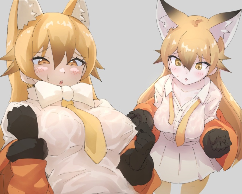 1girl animal_ears blush bow bowtie brown_fur brown_gloves brown_hair collarbone extra_ears ezo_red_fox_(kemono_friends) fox_ears fox_girl fox_tail fur_trim gloves hair_between_eyes jacket kemono_friends long_hair long_sleeves lowlandgorilla multicolored_hair multiple_views necktie orange_eyes orange_hair orange_jacket orange_necktie orange_pantyhose pantyhose pleated_skirt removing_jacket shirt sidelocks skirt sweat sweatdrop t-shirt tail undone_necktie wet wet_clothes wet_shirt white_bow white_bowtie white_shirt white_skirt